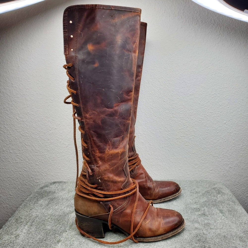 Freebird Coal Boots Cognac Leather Back Lace Up Tall Riding Distressed Women's 9